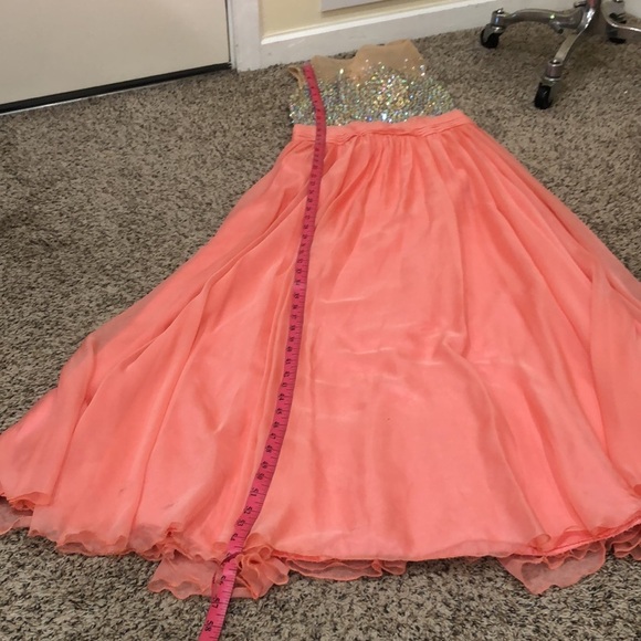 May Queen Prom Dress Size 2 Coral Pink Aurora Borealis Rhinestone Gown - Picture 7 of 9